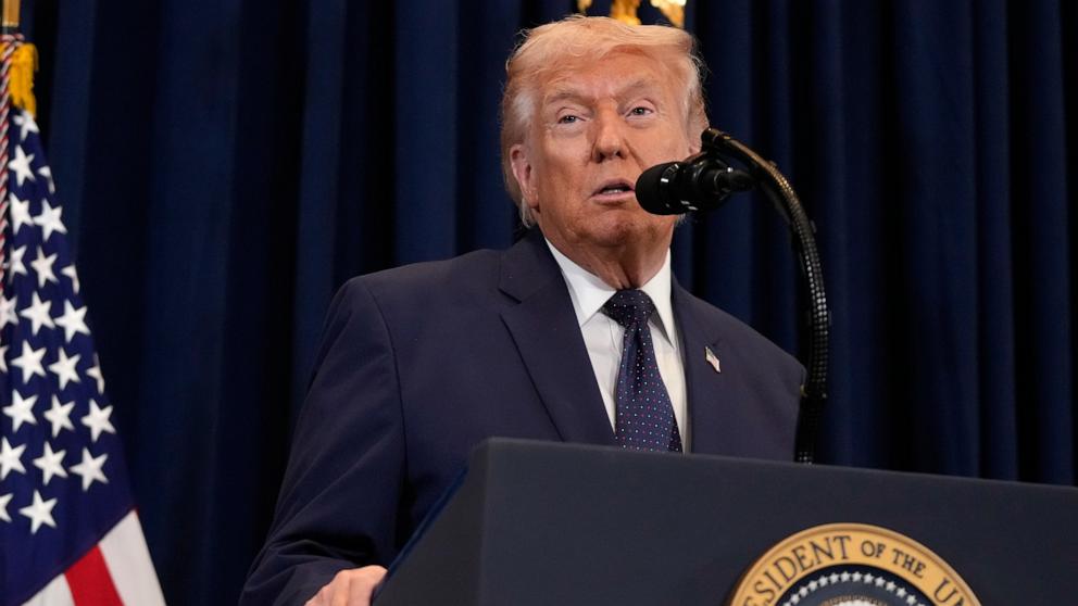 PHOTO: President Donald Trump speaks at a news conference, March 9, 2026, at Trump National Doral Miami in Doral, Fla. 