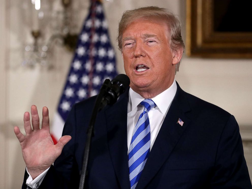 PHOTO: President Donald Trump announces his decision to withdraw the United States from the 2015 Iran nuclear deal in the Diplomatic Room at the White, May 8, 2018.