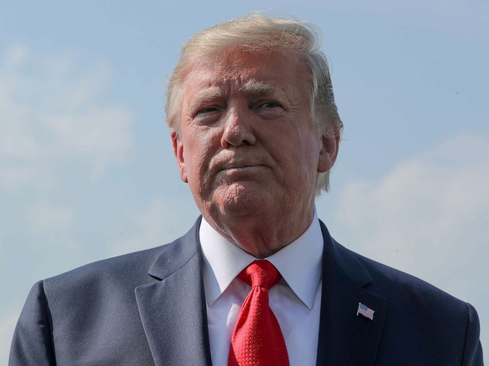 PHOTO: President Donald Trump talks to reporters before boarding Air Force One in Morristown, N.J., July 7, 2019.