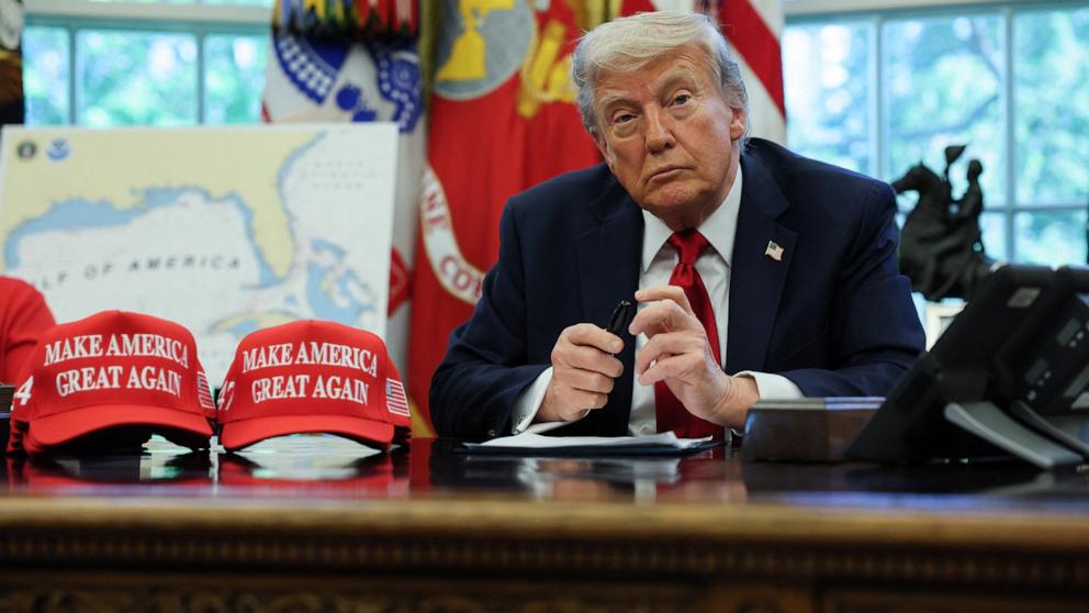 PHOTO: President Donald Trump looks on before signing executive orders in the Oval Office, April 23, 2025. 