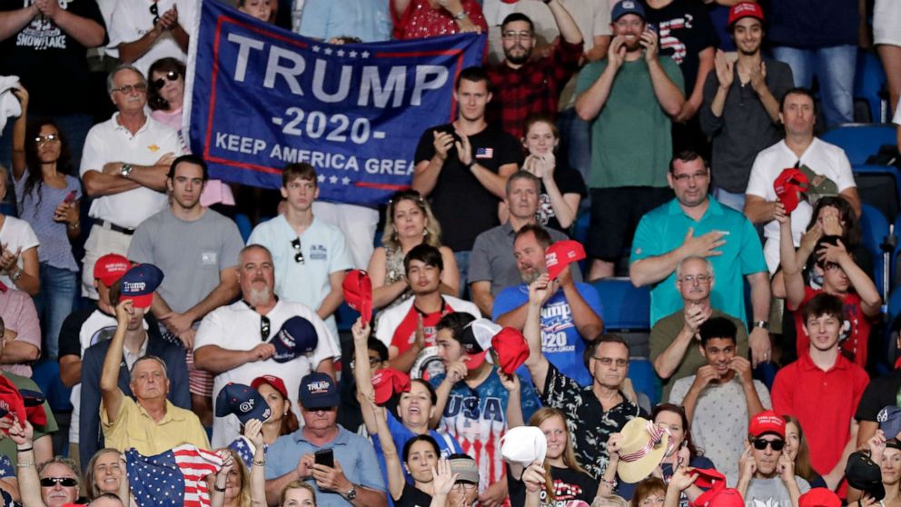 PHOTO: Supporters of President Donald Trump cheer during a rally where he will formally announce his 2020 re-election bid, June 18, 2019, in Orlando, Fla. 