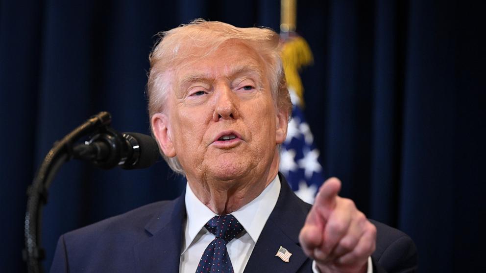PHOTO: President Donald Trump speaks to reporters during a news conference at Trump National Doral Miami, March 9, 2026, in Doral, Fla. 