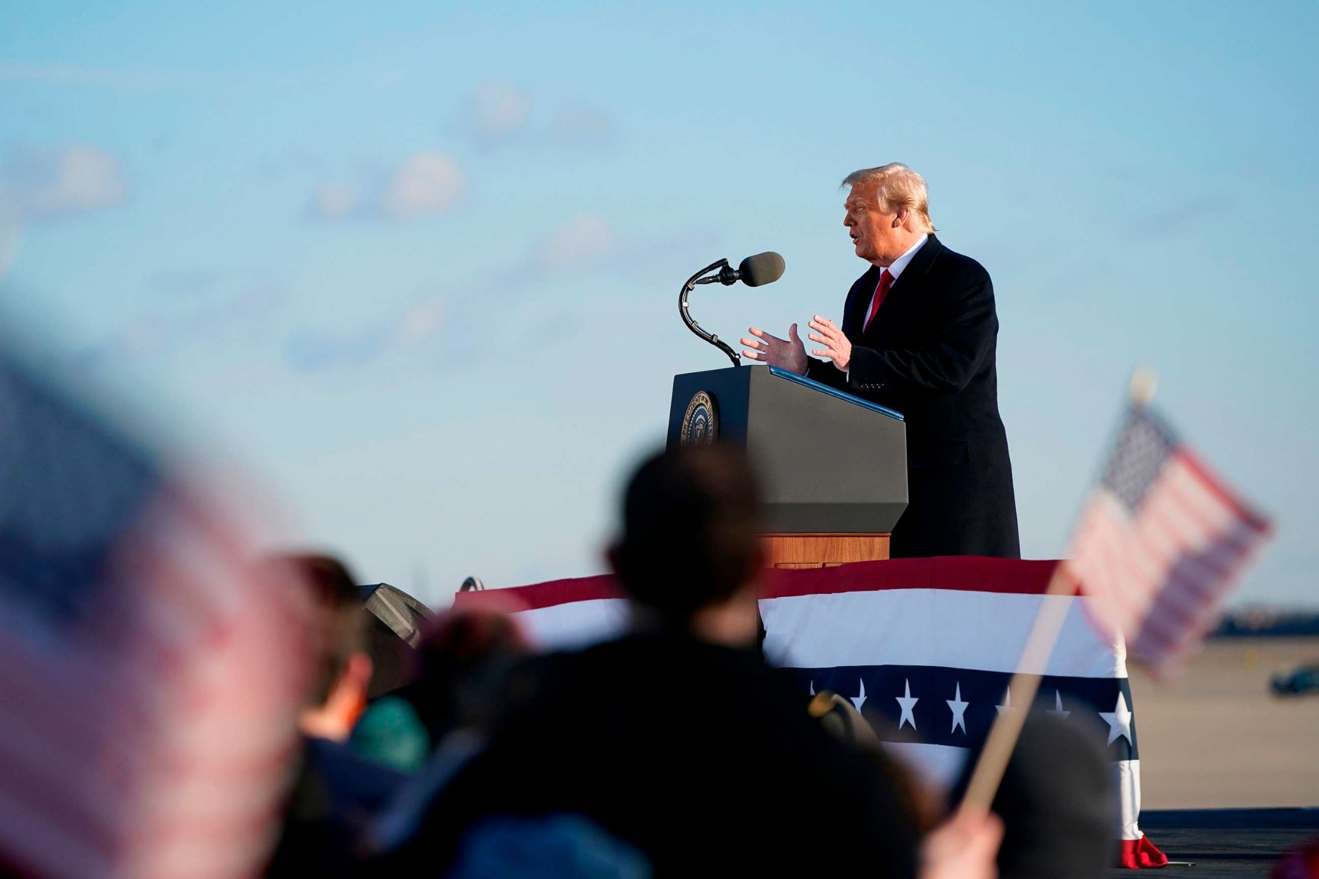 PHOTO: Outgoing President Donald Trump addresses guests at Joint Base Andrews in Maryland, Jan. 20, 2021.