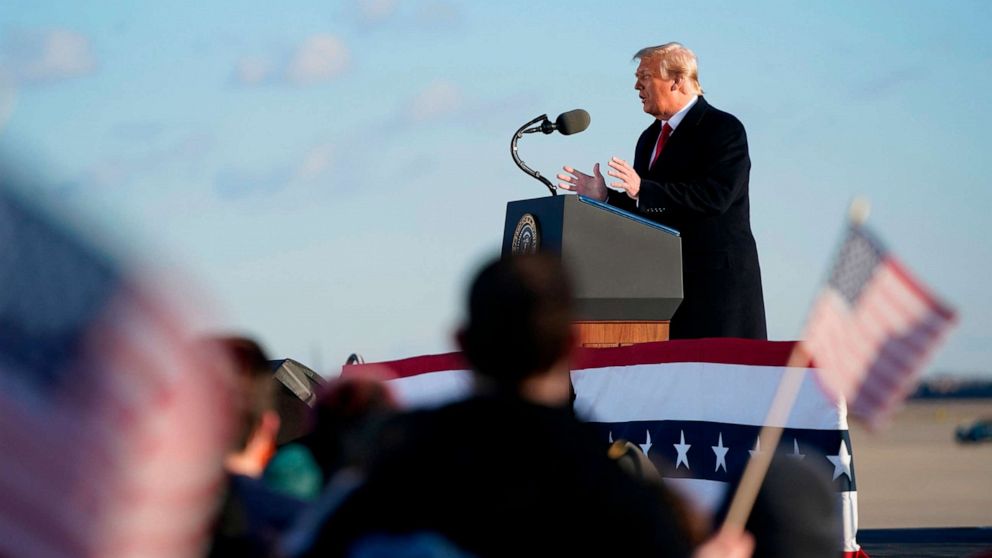 PHOTO: Outgoing President Donald Trump addresses guests at Joint Base Andrews in Maryland, Jan. 20, 2021.
