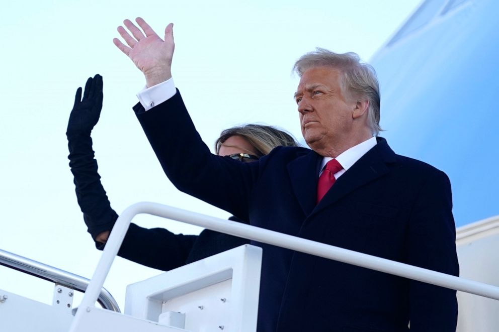 PHOTO: President Donald Trump and first lady Melania Trump board Air Force One at Andrews Air Force Base, Md., Jan. 20, 2021.