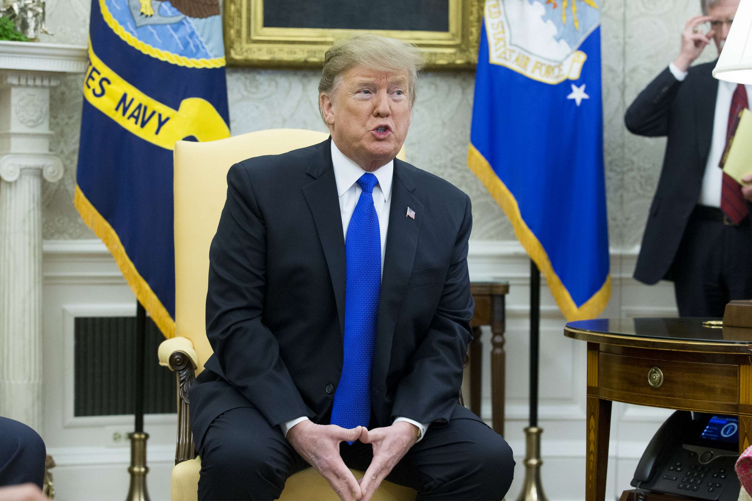 PHOTO: President Donald Trump speaks during a meeting with the President of Colombia Ivan Duque, Feb.13, 2019 in the Oval Office. 