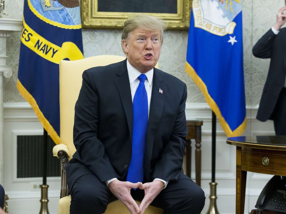 PHOTO: President Donald Trump speaks during a meeting with the President of Colombia Ivan Duque, Feb.13, 2019 in the Oval Office.