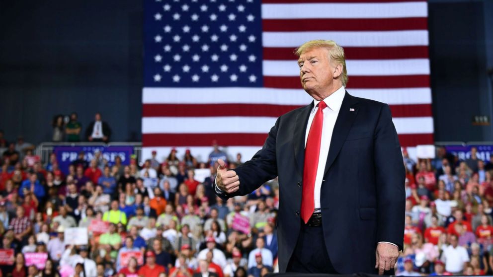 PHOTO: President Donald Trump gestures during a campaign rally at Ford Center in Evansville, Ind., Aug. 30, 2018. 