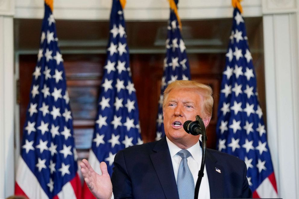 PHOTO: President Donald Trump speaks prior to signing a proclamation on the 100th anniversary of the ratification of the 19th Amendment of the U.S. Constitution during a ceremony at the White House, Aug. 18, 2020.