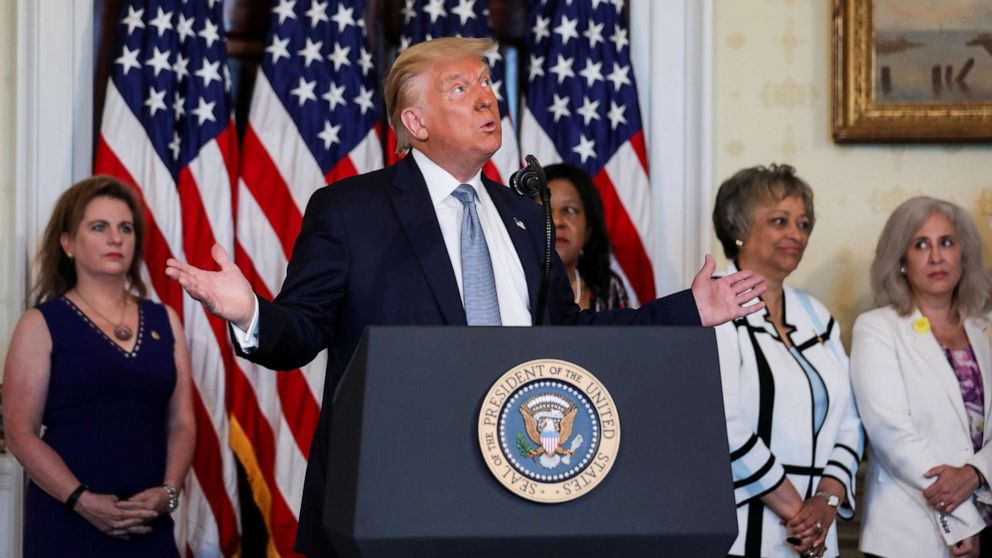 PHOTO: President Donald Trump speaks prior to signing a proclamation on the 100th anniversary of the ratification of the 19th Amendment of the U.S. Constitution during a ceremony at the White House, Aug. 18, 2020.