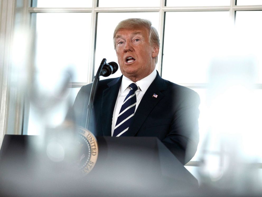 PHOTO: President Donald Trump speaks before a dinner meeting with business leaders, Aug. 7, 2018, at Trump National Golf Club in Bedminster, N.J.