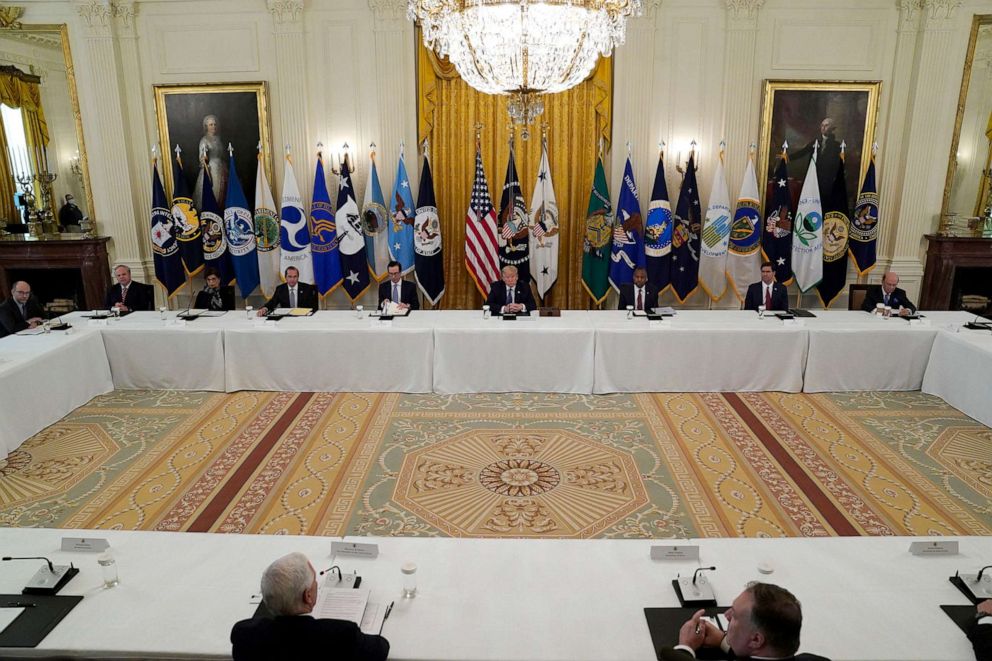 PHOTO: President Donald Trump listens during a Cabinet Meeting in the East Room of the White House, May 19, 2020.