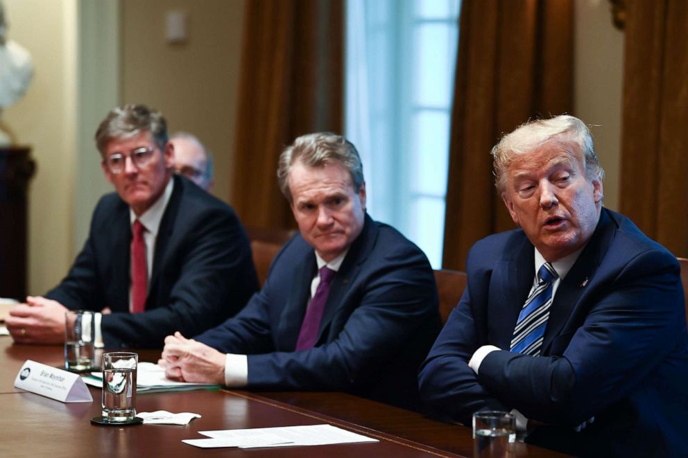 PHOTO: President Donald Trump speaks during a meeting with banking leaders to discuss how the financial services industry can meet the needs of customers affected by COVID-19 at the White House in Washington, March 11, 2020.