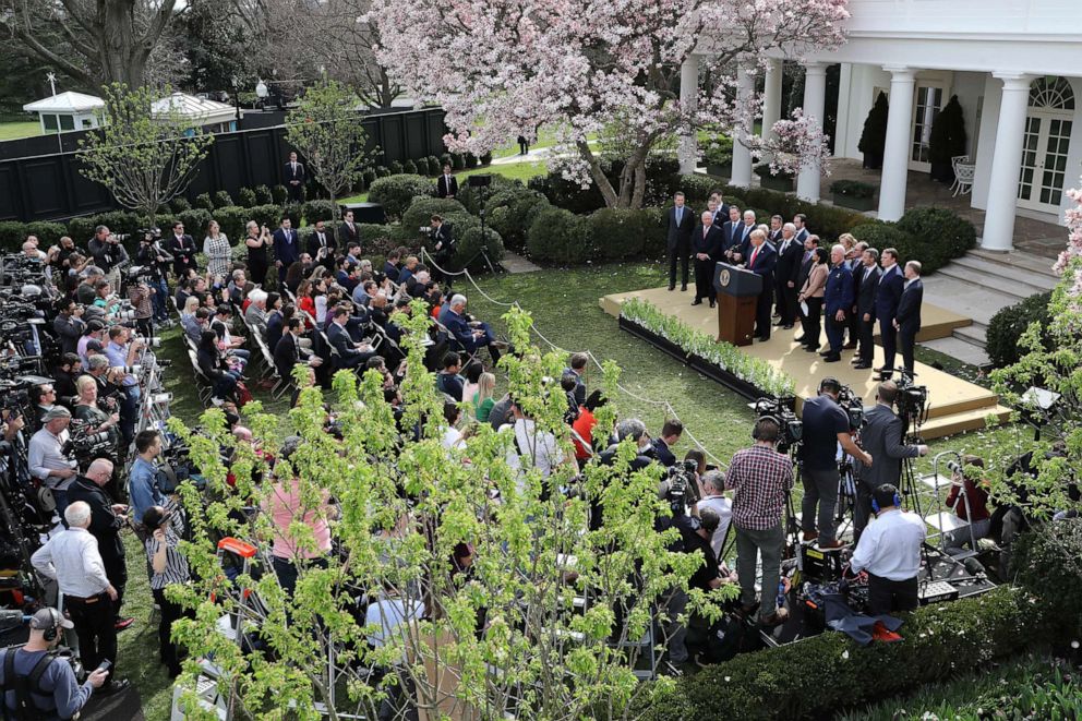 President Donald Trump speaks during a news conference about the ongoing global coronavirus pandemic in the Rose Garden of the White House, March 13, 2020 in Washington. Trump is facing a national health emergency as COVID-19 cases continue to rise and 30 people have died from the virus in the United States, according to The Center for Systems Science and Engineering at Johns Hopkins University.Chip Somodevilla/Getty Images