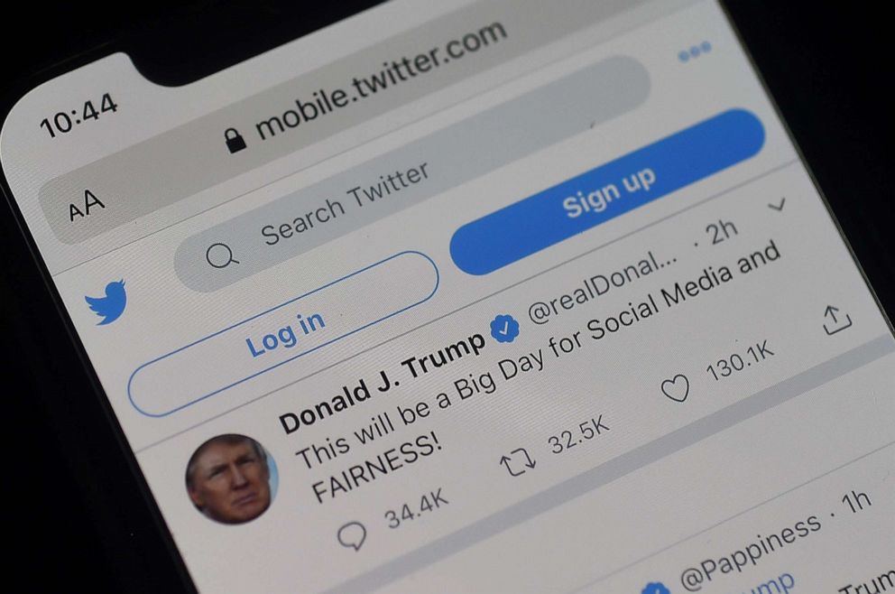 PHOTO: The Twitter page of President Donald Trump's is displayed on a mobile phone on May 28, 2020, in Arlington, Va.