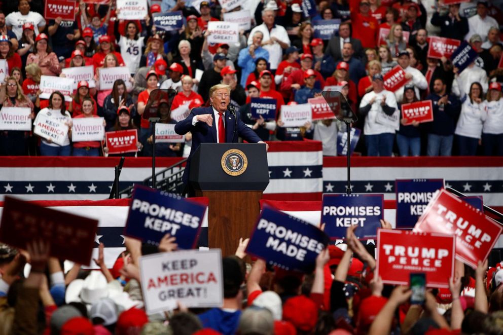 PHOTO: President Donald Trump speaks to supporters during a rally on March 2, 2020 in Charlotte, N.C.