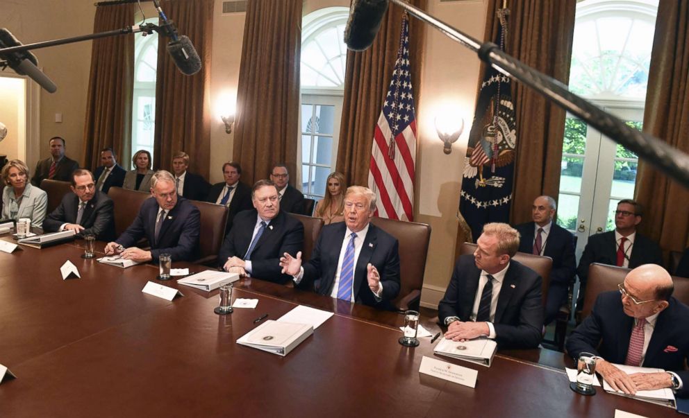 PHOTO: President Donald Trump speaks during a cabinet meeting, July 18, 2018, at the White House.