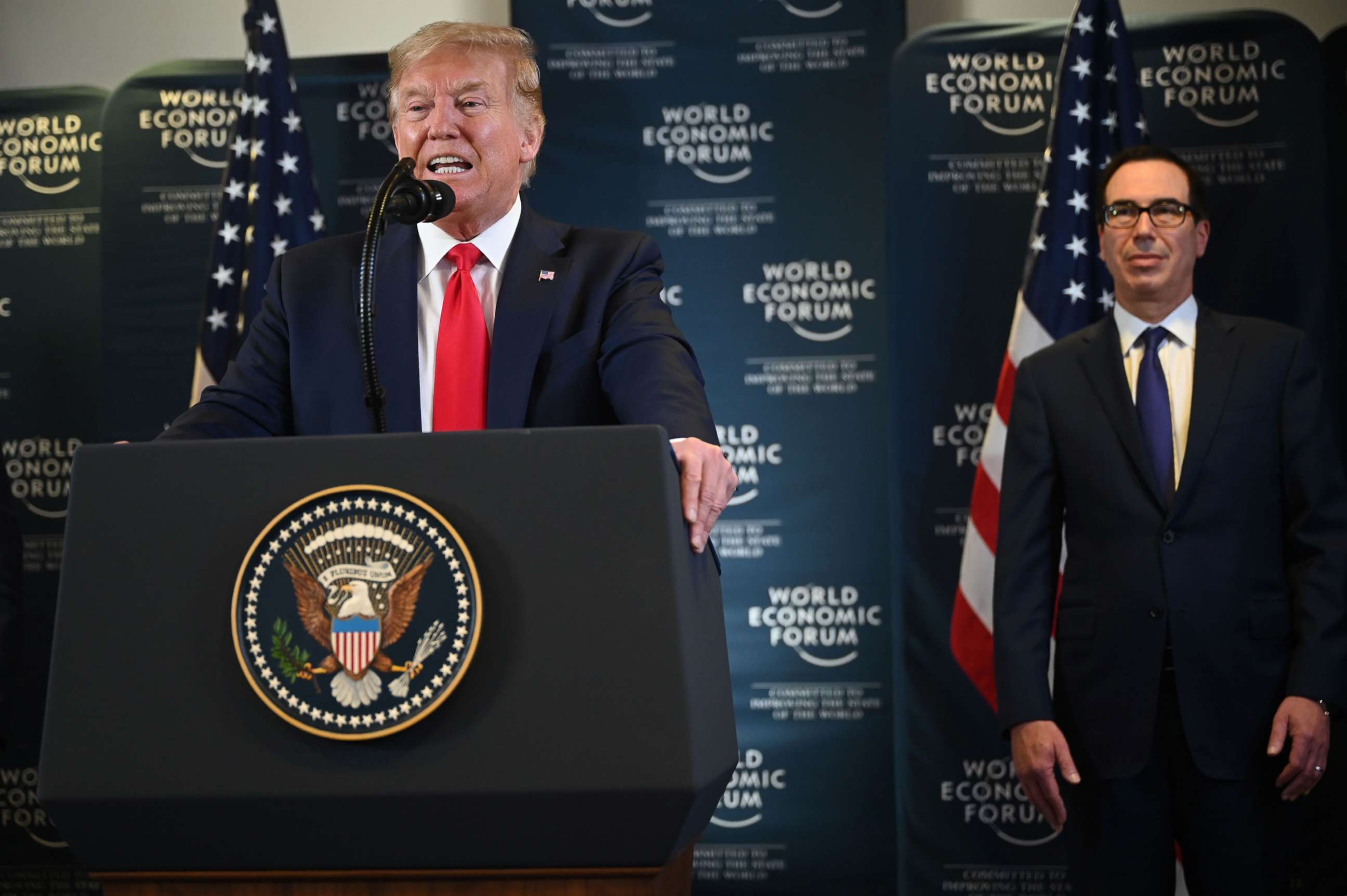 PHOTO: President Donald Trump gives a press conference at the World Economic Forum in Davos, Switzerland, Jan. 22, 2020. 