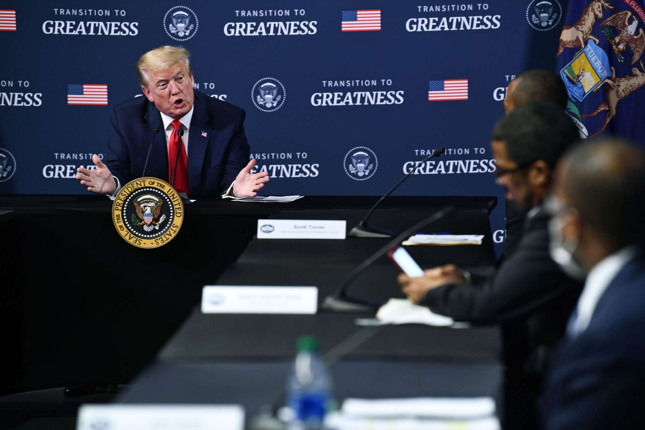 PHOTO: President Donald Trump participates in a roundtable with African American leaders at the Ford Rawsonville Plant in Ypsilanti, Mich., May 21, 2020.