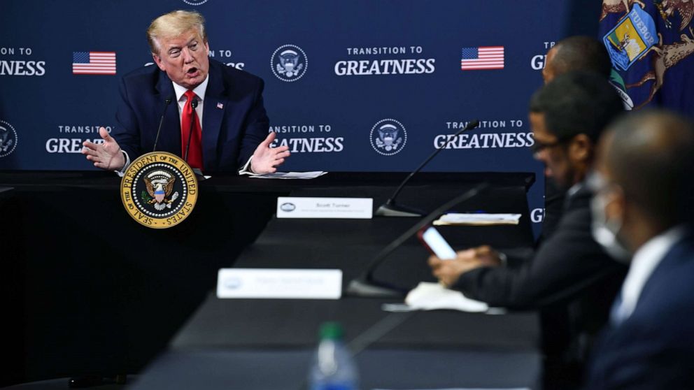 PHOTO: President Donald Trump participates in a roundtable with African American leaders at the Ford Rawsonville Plant in Ypsilanti, Mich., May 21, 2020.