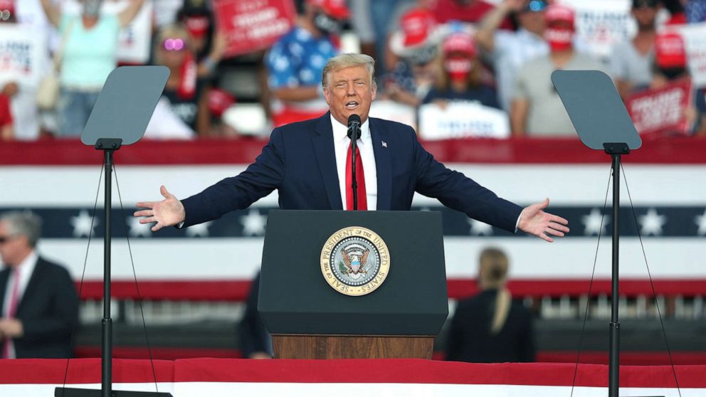 PHOTO: President Donald Trump speaks during his campaign event at The Villages Polo Club, Oct. 23, 2020, in The Villages, Fla. 