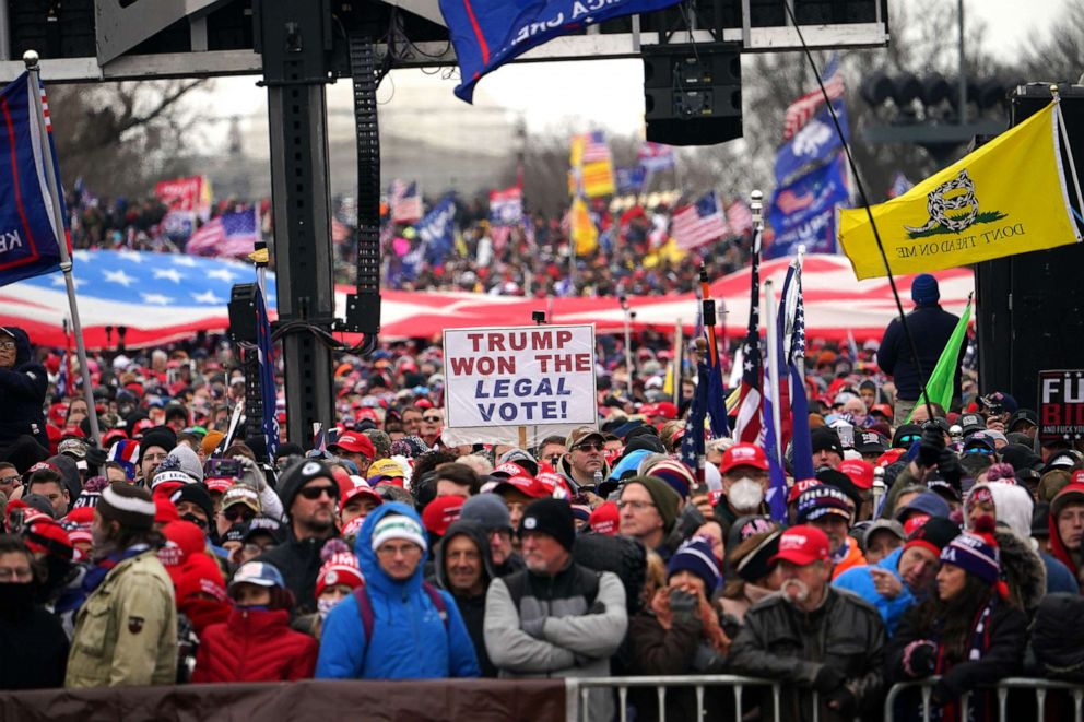 PHOTO: Supporters listen as US President Donald Trump speaks on The Ellipse outside of the White House, Jan. 6, 2021, in Washington, D.C.