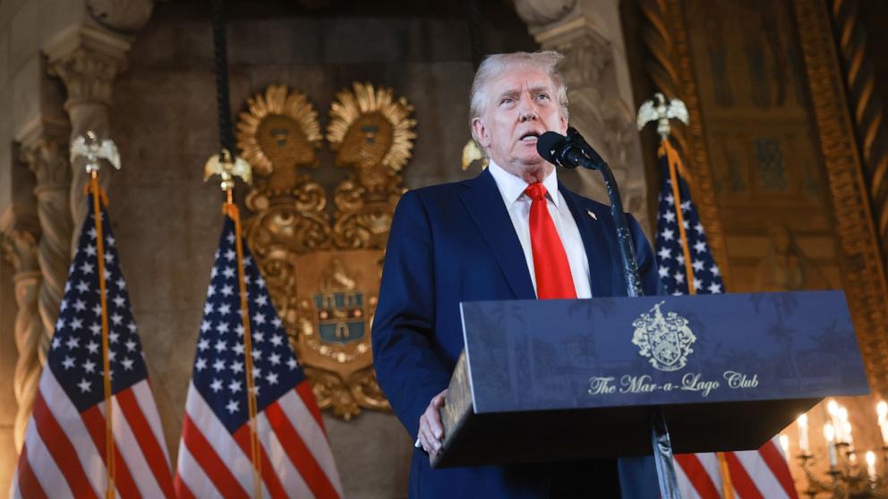 PHOTO: Republican presidential candidate former President Donald Trump speaks during a press conference at his Mar-a-Lago estate, Aug. 8, 2024, in Palm Beach, Fla. 