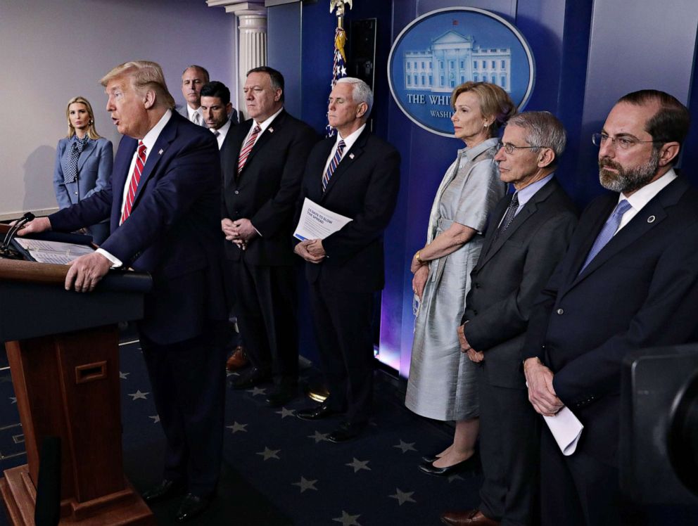 PHOTO: Flanked by members of the Coronavirus Task Force, President Donald Trump speaks during a briefing on the latest development of the coronavirus outbreak in the U.S. at the White House, March 20, 2020, in Washington, DC. 