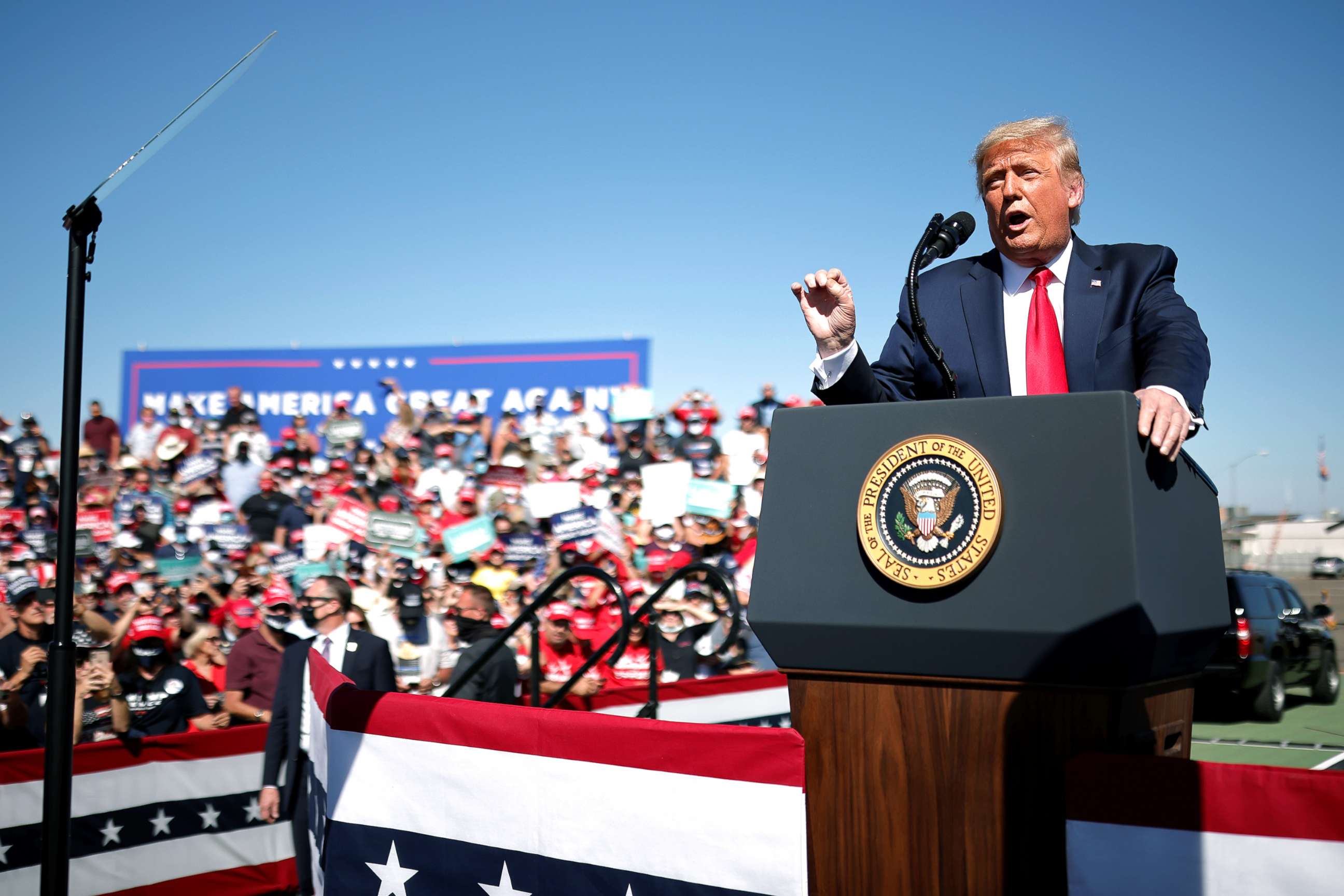 PHOTO: President Donald Trump speaks during a campaign rally at Prescott Regional Airport in , Arizona, Oct. 19, 2020. 