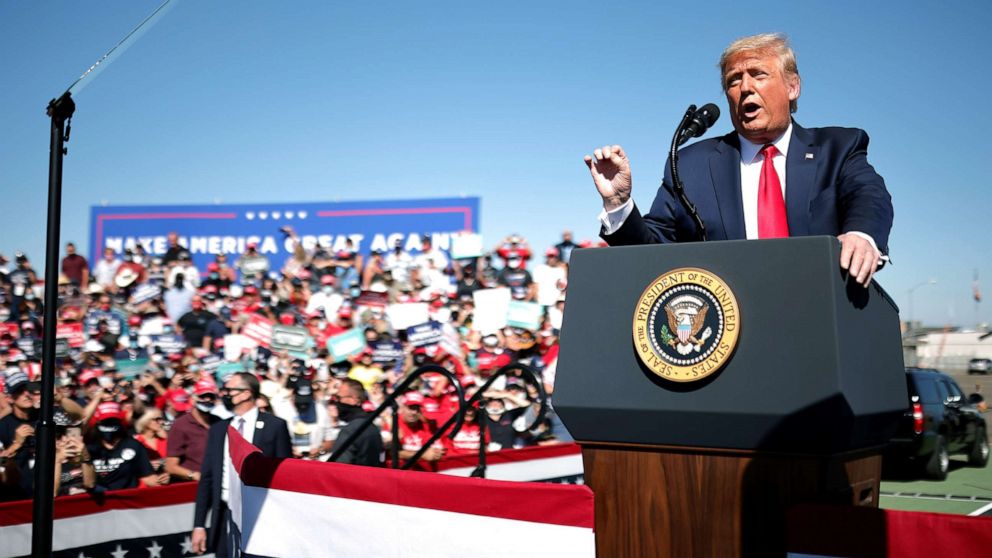 PHOTO: President Donald Trump speaks during a campaign rally at Prescott Regional Airport in , Arizona, Oct. 19, 2020. 