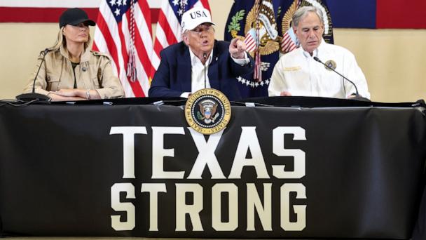 President Donald Trump, first lady Melania Trump and Texas Governor Greg Abbott participate in a roundtable with first responders and local officials, at Hill Country Youth Center, in Kerrville, Texas, July 11, 2025. 