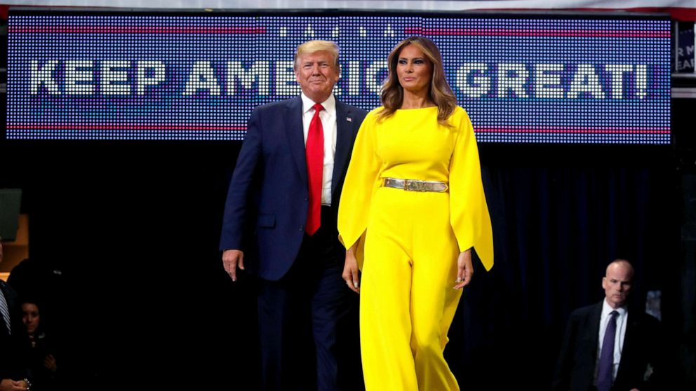 PHOTO: President Donald Trump and first lady Melania Trump arrive on stage to formally kick off his re-election bid with a campaign rally in Orlando, Fla., June 18, 2019.  