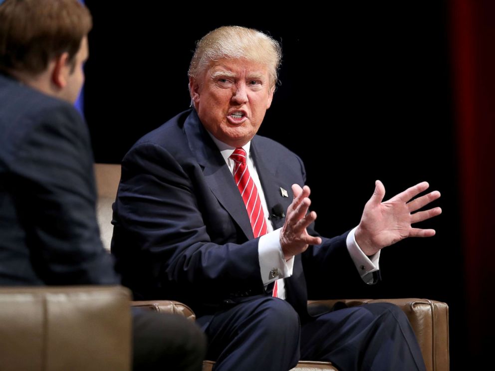 PHOTO: Republican presidential hopeful Donald Trump fields questions from Frank Luntz at the Family Leadership Summit at Stephens Auditorium, July 18, 2015, in Ames, Iowa.