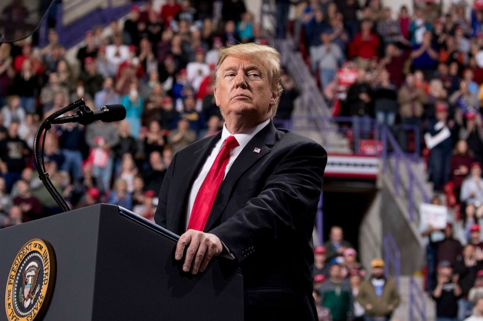 PHOTO: President Donald Trump pauses while speaking at a rally at Resch Center Complex in Green Bay, Wis., April 27, 2019. 