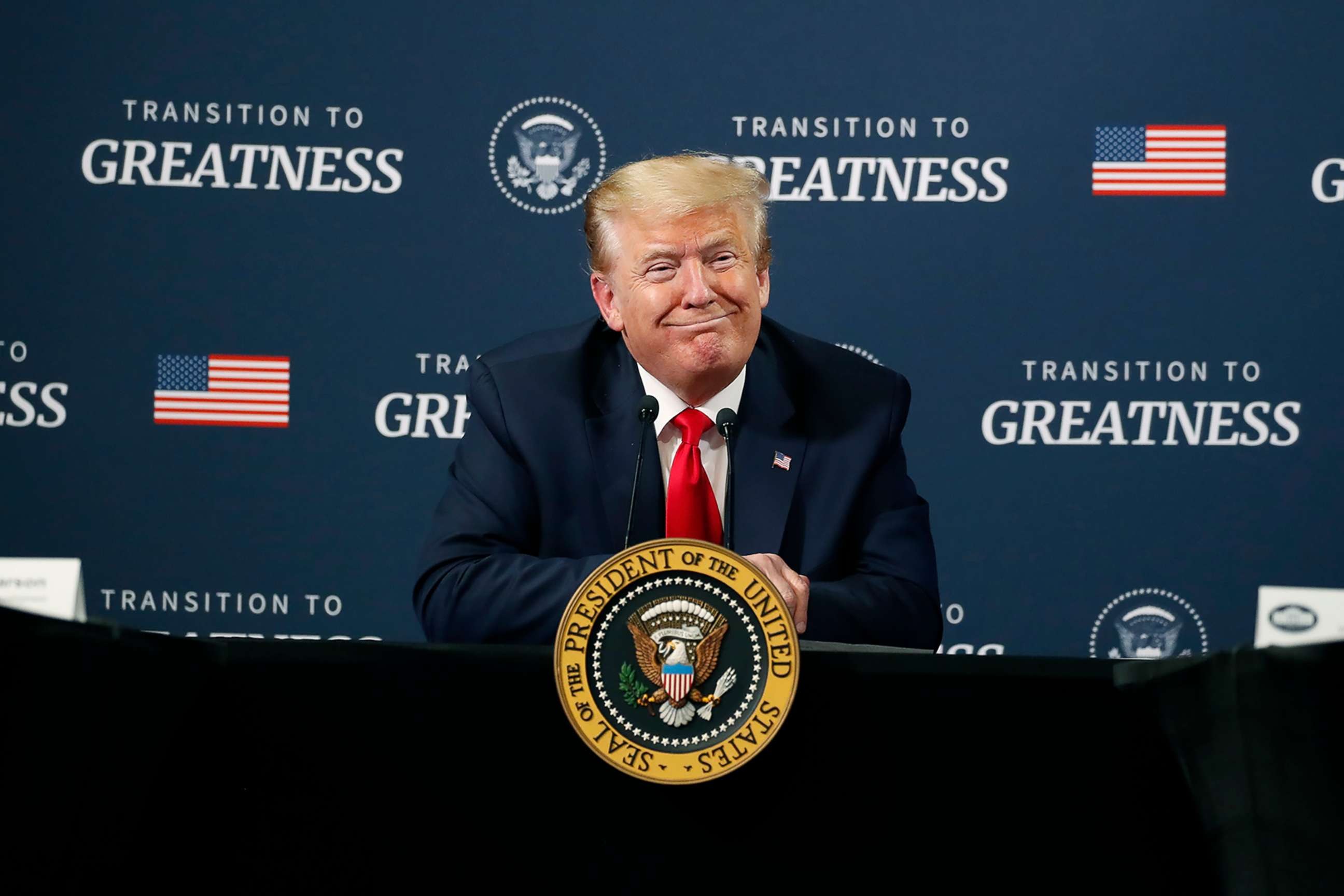 PHOTO: President Donald Trump speaks during a listening session with African-American leaders at Ford's Rawsonville Components Plant that has been converted to making personal protection and medical equipment, May 21, 2020, in Ypsilanti, Mich.