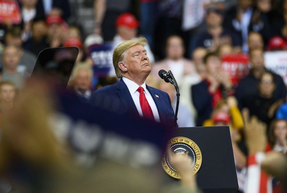 PHOTO: President Donald Trump speaks on stage during a campaign rally at the Target Center on Oct. 10, 2019 in Minneapolis, Minn.