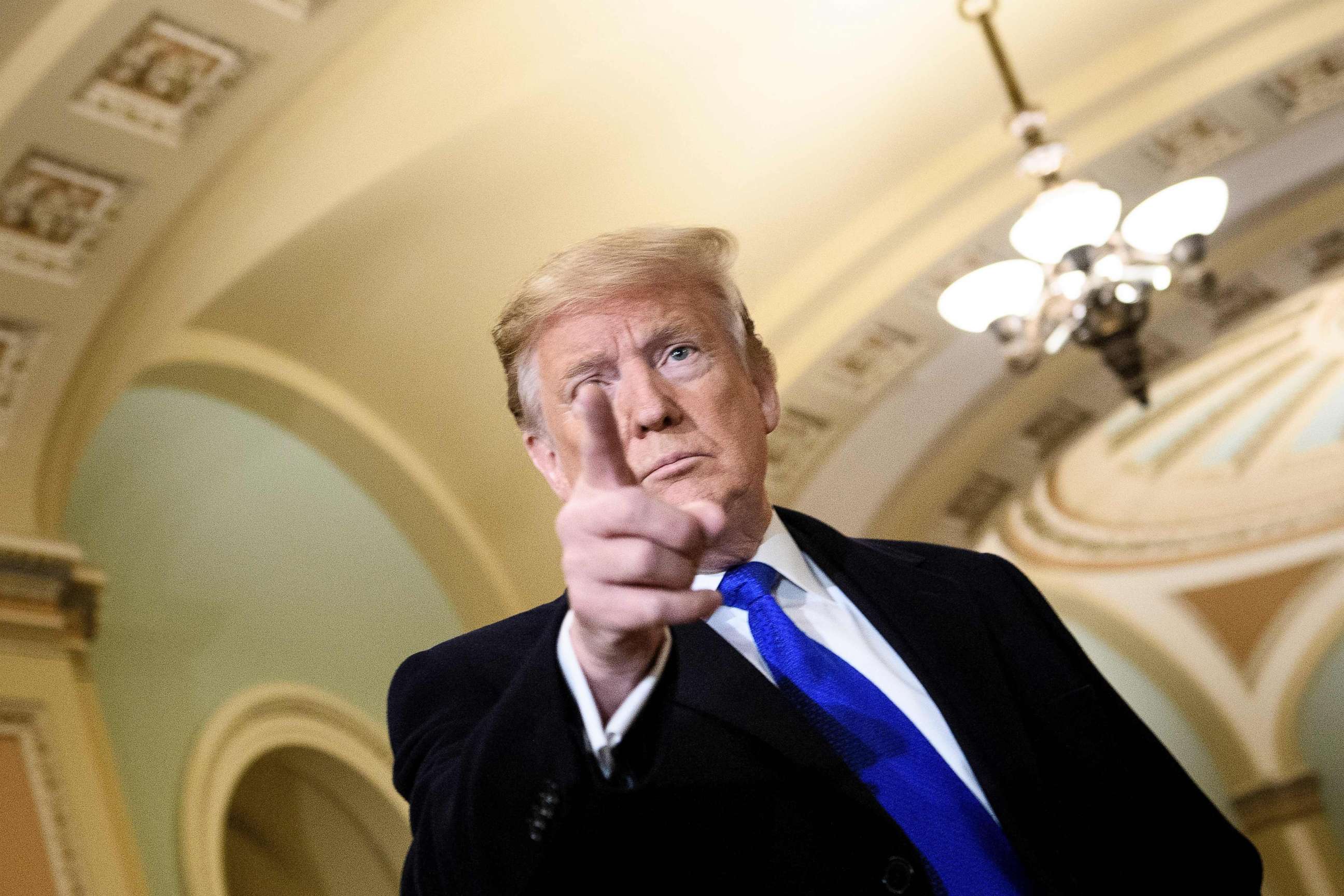 PHOTO: President Donald Trump speaks to reporters before a meeting with Senate Republicans on Capitol Hill, March 26, 2019, in Washington, D.C.