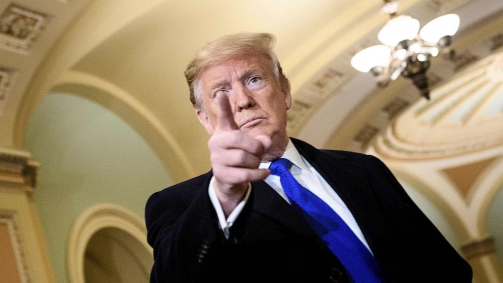 PHOTO: President Donald Trump speaks to reporters before a meeting with Senate Republicans on Capitol Hill, March 26, 2019, in Washington, D.C.