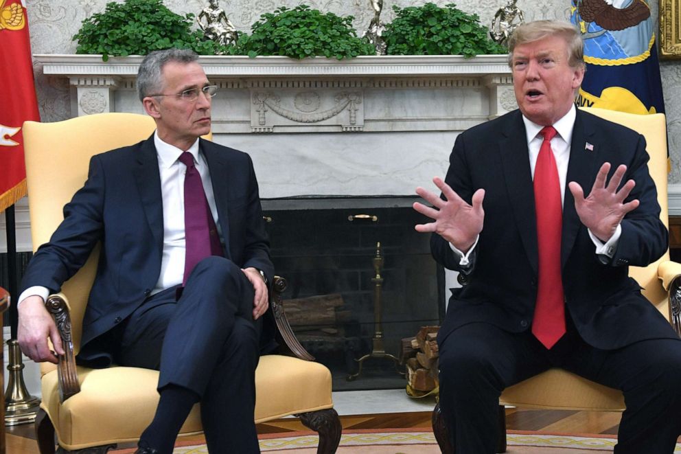 PHOTO:President Donald Trump speaks as NATO Secretary General Jens Stoltenberg looks on at the White House, April 2, 2019. 