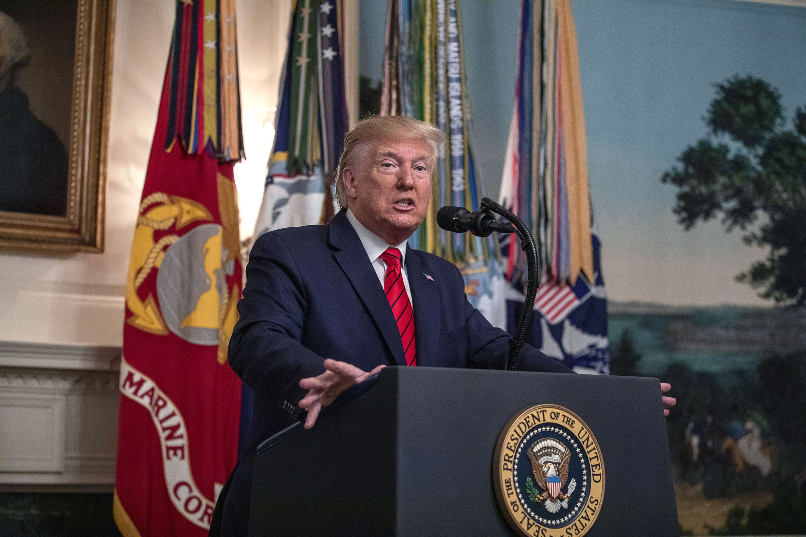 PHOTO: President Donald Trump makes a statement in the Diplomatic Reception Room of the White House, Oct. 27, 2019.