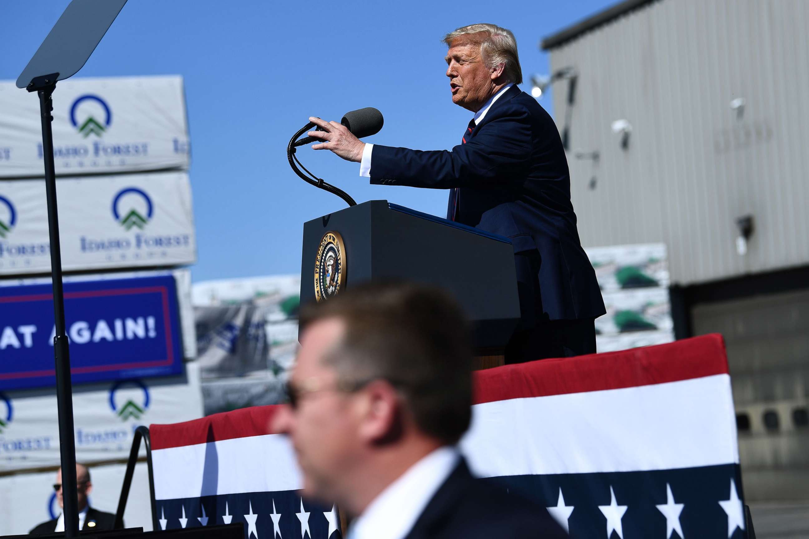 PHOTO: President Donald Trump speaks outside Mariotti Building Products in Old Forge, Pa., Aug. 20, 2020.