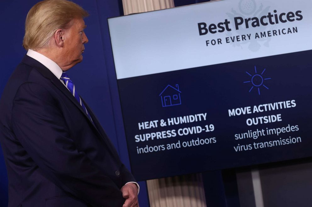 PHOTO: President Donald Trump looks at a chart about "Best Practices for Every American" during the daily coronavirus task force briefing at the White House in Washington, April 23, 2020.