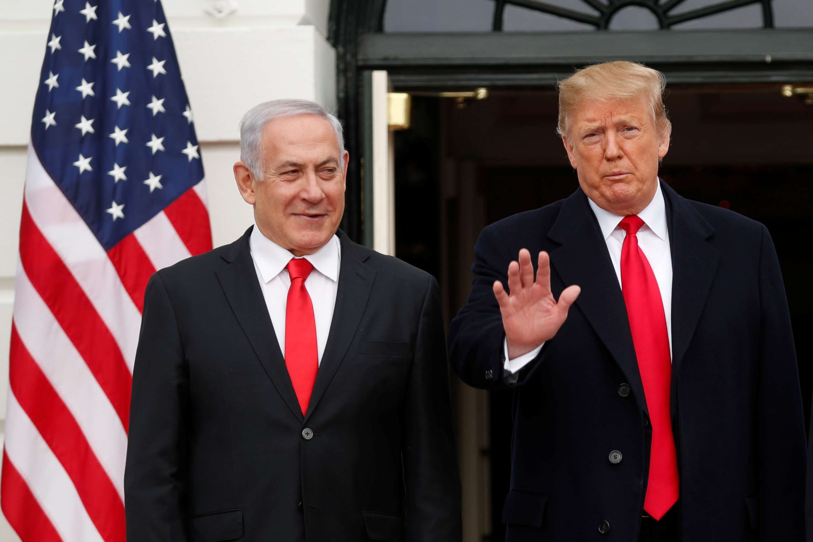 PHOTO: President Donald Trump gestures to gathered news media as he welcomes Israel Prime Minister Benjamin Netanyahu to the White House, March 25, 2019. 