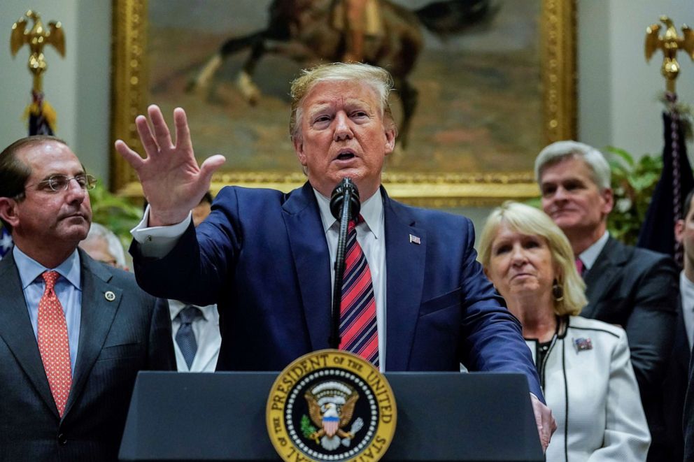 PHOTO: President Donald Trump answers questions from reporters after an event centered on a proposal to end surprise medical billing at the White House, May 9, 2019. 