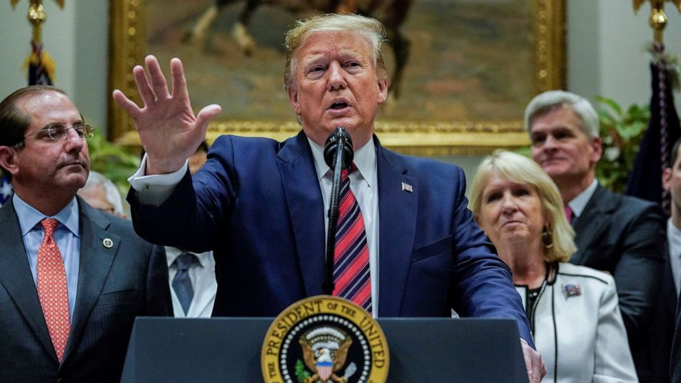 PHOTO: President Donald Trump answers questions from reporters after an event centered on a proposal to end surprise medical billing at the White House, May 9, 2019. 