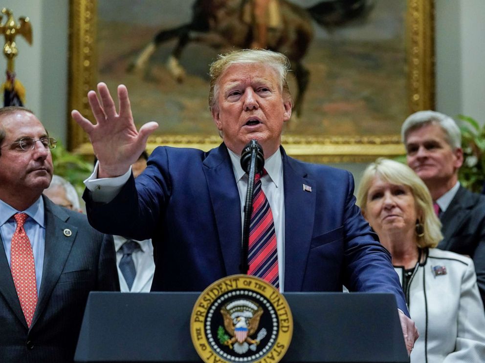 PHOTO: President Donald Trump answers questions from reporters after an event centered on a proposal to end surprise medical billing at the White House, May 9, 2019.