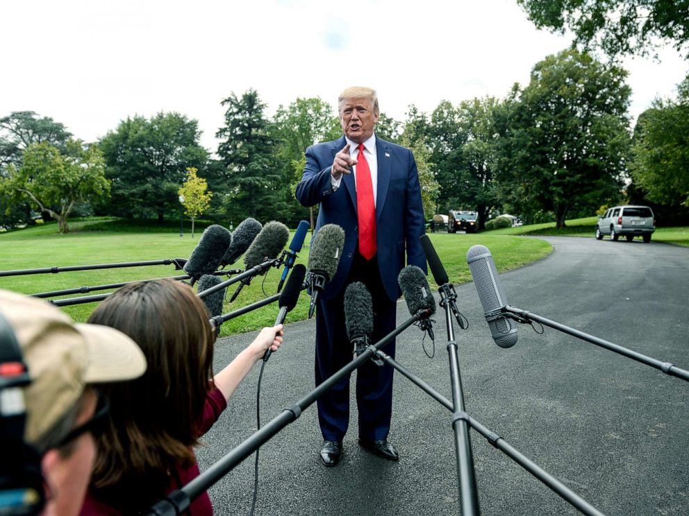 PHOTO: President Donald Trump speaks to reporters at the White House, Sept. 9, 2019.