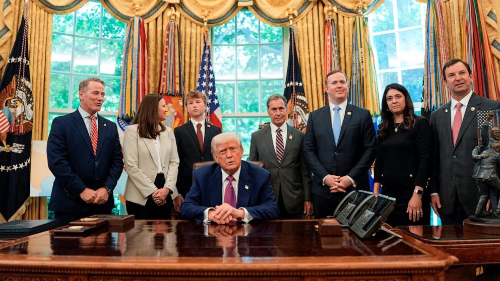 PHOTO: President Donald Trump sits inside the Oval Office of the White House to sign executive orders, May 9, 2025.