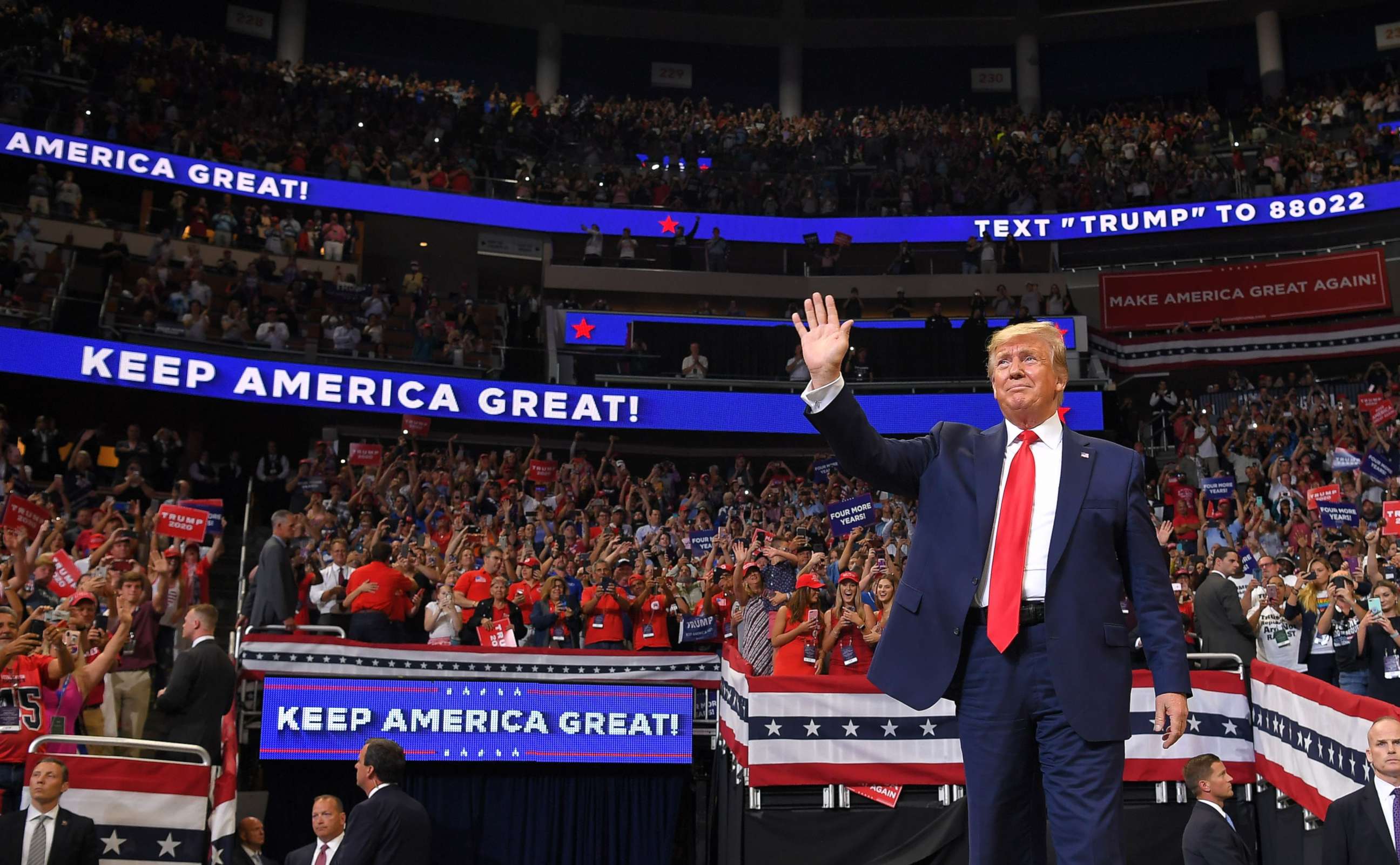 PHOTO: President Donald Trump arrives to speak during a rally at the Amway Center in Orlando, Fla. to officially launch his 2020 campaign, June 18, 2019. 