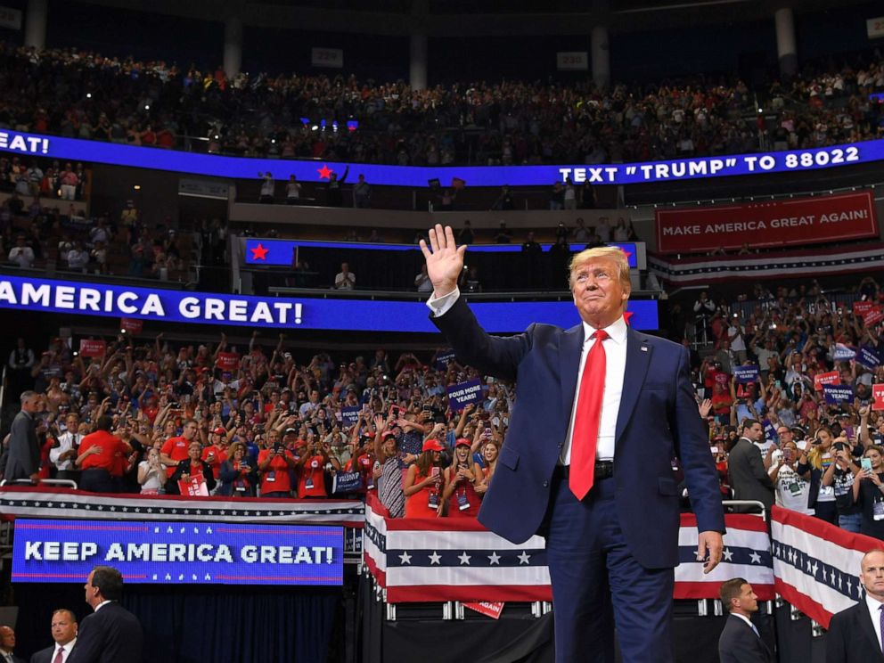 PHOTO: President Donald Trump arrives to speak during a rally at the Amway Center in Orlando, Fla. to officially launch his 2020 campaign, June 18, 2019.